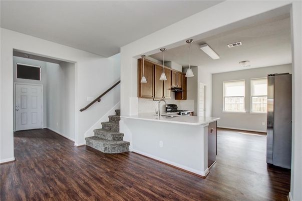 Interior, Kitchen, Pendant Lights, Stainless Steel Appliances, Wood Texture Flooring