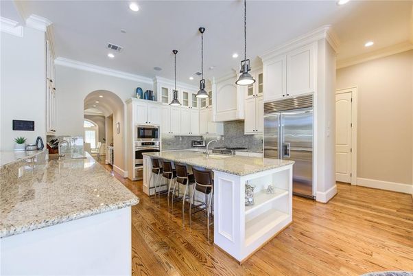 Interior, Kitchen, Pendant Lights, Recessed Lighting, Stainless Steel Appliances, Wood Texture Flooring