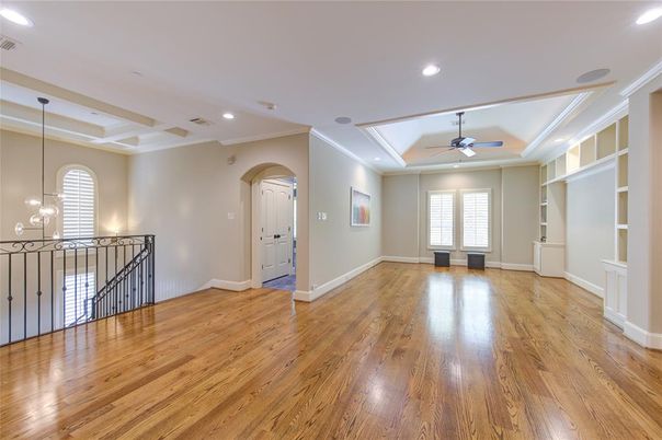 Empty room, Interior, Pendant Lights, Recessed Lighting, Wood Texture Flooring