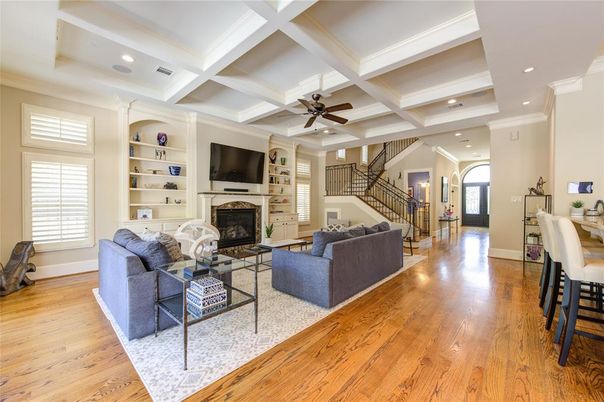 Fireplace, Interior, Living room, Recessed Lighting, Wood Texture Flooring