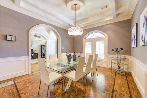 Dining room, Interior, Pendant Lights, Wood Texture Flooring