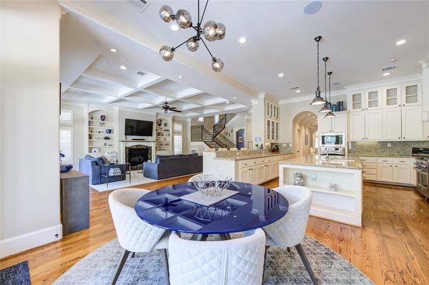 Dining room, Fireplace, Interior, Kitchen, Living room, Pendant Lights, Recessed Lighting, Stainless Steel Appliances, Wood Texture Flooring