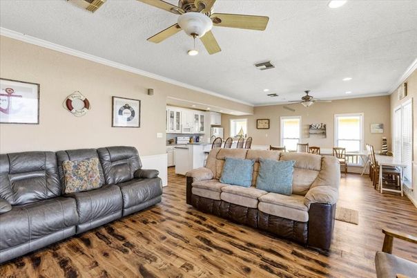 Dining room, Interior, Kitchen, Living room, Recessed Lighting, Wood Texture Flooring