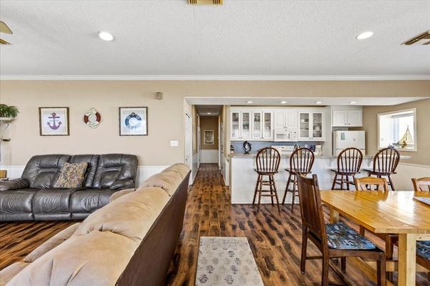 Dining room, Interior, Kitchen, Living room, Recessed Lighting, Wood Texture Flooring