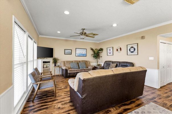 Fireplace, Interior, Living room, Recessed Lighting, Wood Texture Flooring