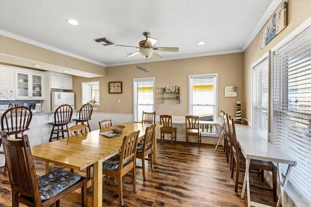 Dining room, Interior, Kitchen, Recessed Lighting, Wood Texture Flooring