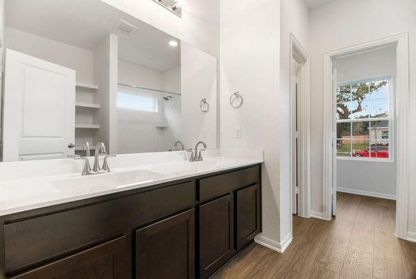 Bathroom, Dual Sink Vanities, Interior, Recessed Lighting, Wood Texture Flooring