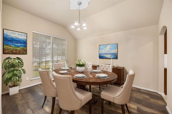 Dining room, Interior, Pendant Lights, Wood Texture Flooring