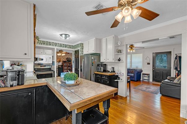 Interior, Kitchen, Tile Countertops, Wood Texture Flooring