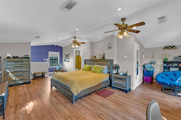 Bedroom, Interior, Recessed Lighting, Wood Texture Flooring