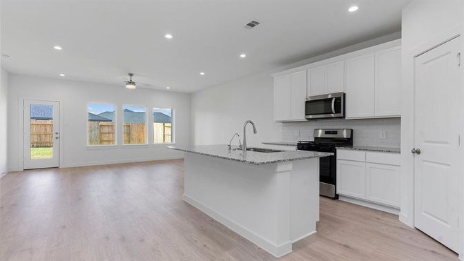 Interior, Kitchen, Recessed Lighting, Stainless Steel Appliances, Wood Texture Flooring