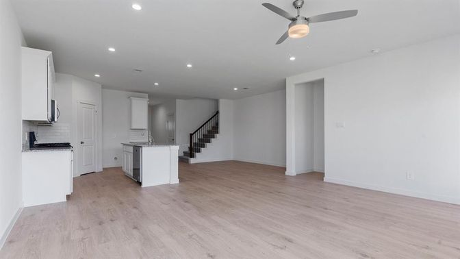 Empty room, Interior, Kitchen, Recessed Lighting, Wood Texture Flooring