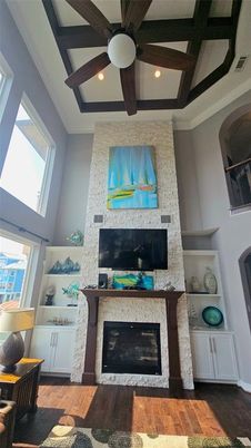 Fireplace, Interior, Recessed Lighting, Stone Walls, Wooden Beams, Wood Texture Flooring
