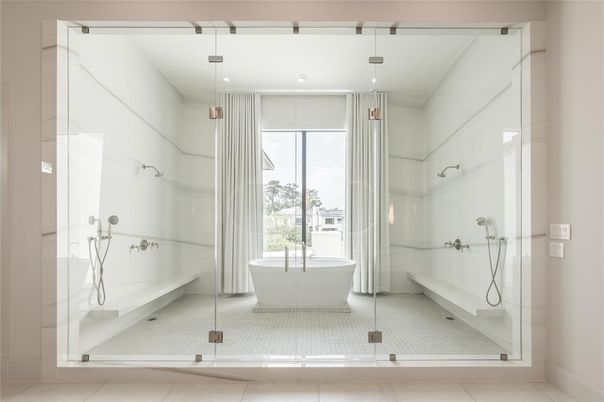Bathroom, Free Standing Baths, Glass Shower, Interior, Recessed Lighting