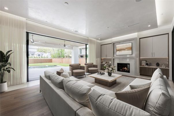 Fireplace, Interior, Living room, Recessed Lighting, Wood Texture Flooring