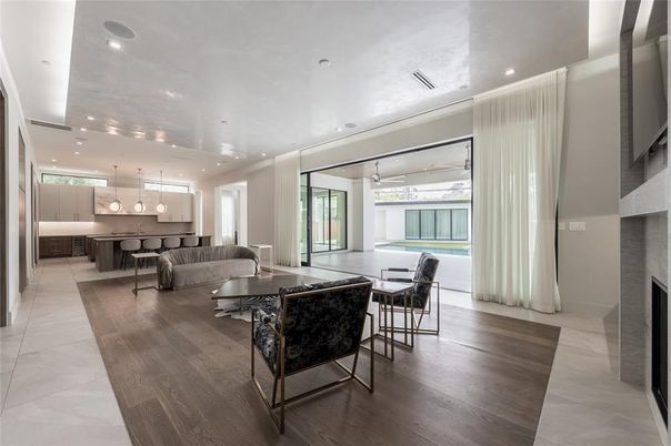 Fireplace, Interior, Kitchen, Living room, Pendant Lights, Recessed Lighting, Wood Texture Flooring