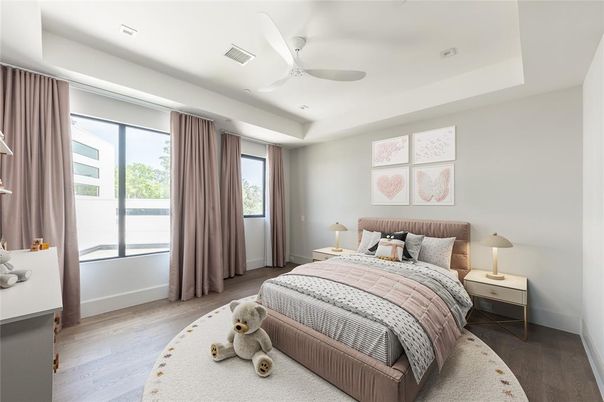 Bedroom, Interior, Recessed Lighting, Wood Texture Flooring