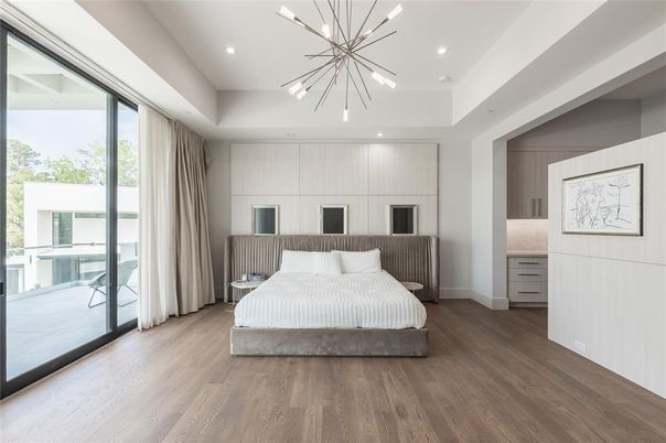 Bedroom, Interior, Pendant Lights, Recessed Lighting, Wood Texture Flooring
