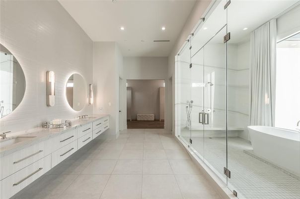 Bathroom, Dual Sink Vanities, Free Standing Baths, Glass Shower, Interior, Recessed Lighting