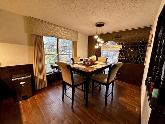 Dining room, Interior, Pendant Lights, Wood Texture Flooring