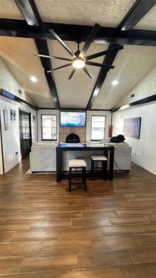 Dining room, Interior, Living room, Recessed Lighting, Wood Texture Flooring