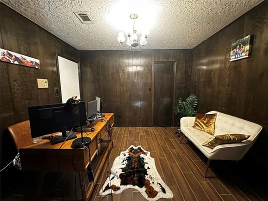 Chandelier, Home Office, Interior, Wood Texture Flooring, Wooden Walls