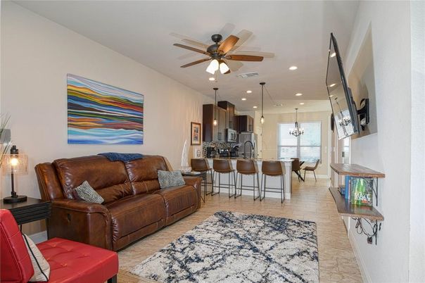Dining room, Interior, Kitchen, Living room, Pendant Lights, Recessed Lighting, Wood Texture Flooring
