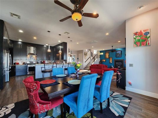 Dining room, Interior, Kitchen, Pendant Lights, Recessed Lighting, Stainless Steel Appliances, Wood Texture Flooring