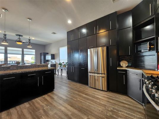 Interior, Kitchen, Pendant Lights, Recessed Lighting, Stainless Steel Appliances, Wood Texture Flooring