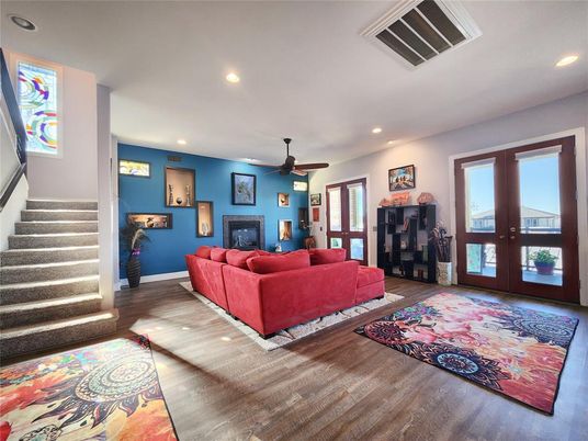 Fireplace, Interior, Living room, Recessed Lighting, Wood Texture Flooring