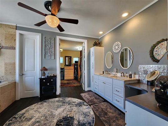 Bathroom, Dual Sink Vanities, Interior, Recessed Lighting, Wood Texture Flooring