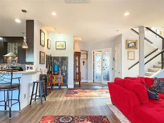 Interior, Kitchen, Living room, Pendant Lights, Recessed Lighting, Wood Texture Flooring