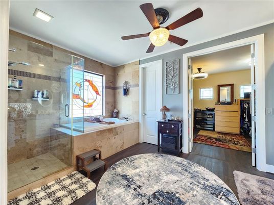 Bathroom, Bedroom, Glass Shower, Interior, Recessed Lighting, Wood Texture Flooring