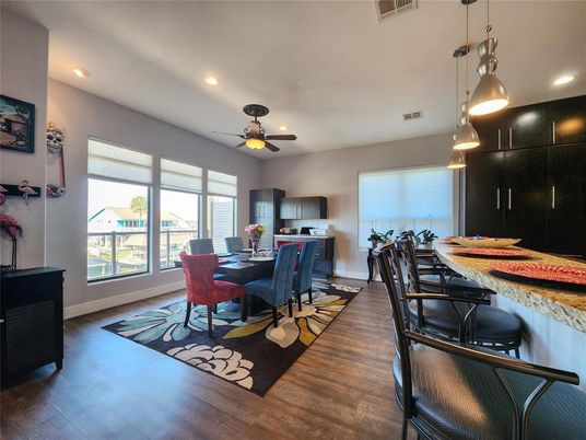 Dining room, Interior, Pendant Lights, Recessed Lighting, Wood Texture Flooring