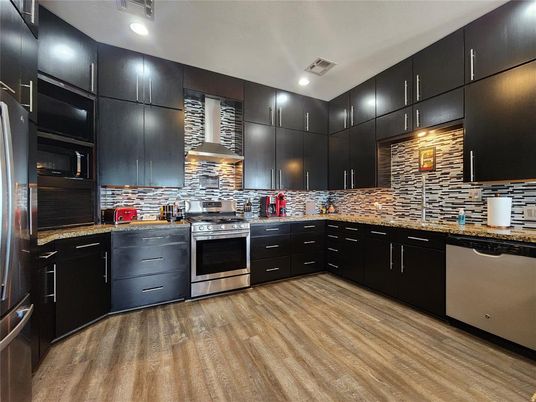 Interior, Kitchen, Recessed Lighting, Stainless Steel Appliances, Wood Texture Flooring