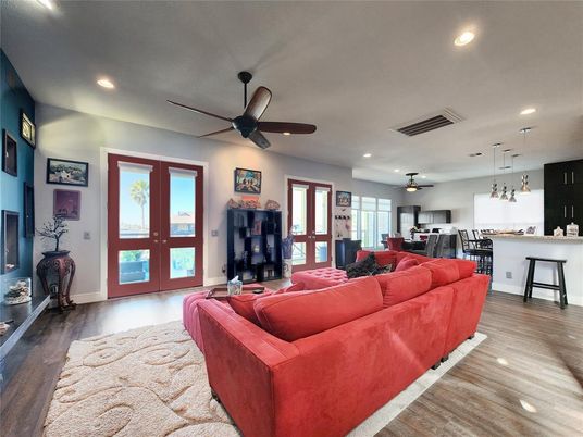 Interior, Kitchen, Living room, Pendant Lights, Recessed Lighting, Wood Texture Flooring