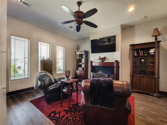 Fireplace, Interior, Recessed Lighting, Wood Texture Flooring