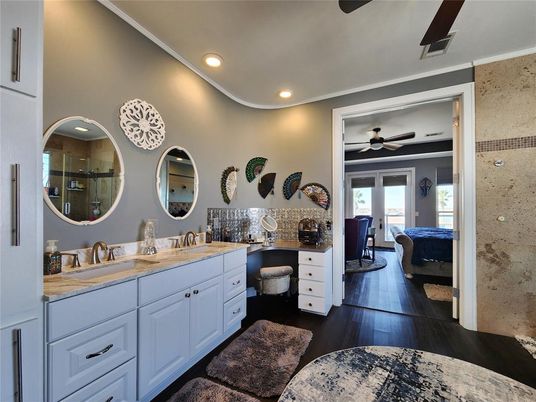 Bathroom, Dual Sink Vanities, Interior, Recessed Lighting, Wood Texture Flooring