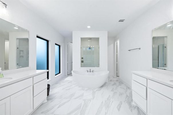 Bathroom, Dual Sink Vanities, Free Standing Baths, Glass Shower, Interior, Marble, Recessed Lighting