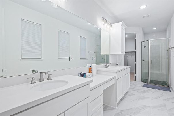 Bathroom, Dual Sink Vanities, Glass Shower, Interior, Marble, Recessed Lighting