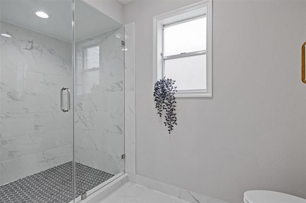 Bathroom, Glass Shower, Interior, Marble, Marble Walls, Recessed Lighting