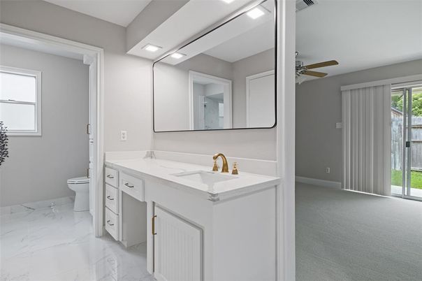 Bathroom, Dual Sink Vanities, Interior, Marble, Recessed Lighting