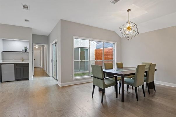Dining room, Interior, Kitchen, Pendant Lights, Wood Texture Flooring