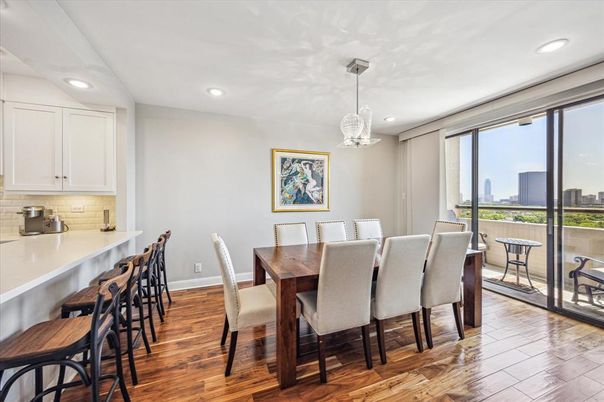 Dining room, Interior, Pendant Lights, Recessed Lighting, Wood Texture Flooring