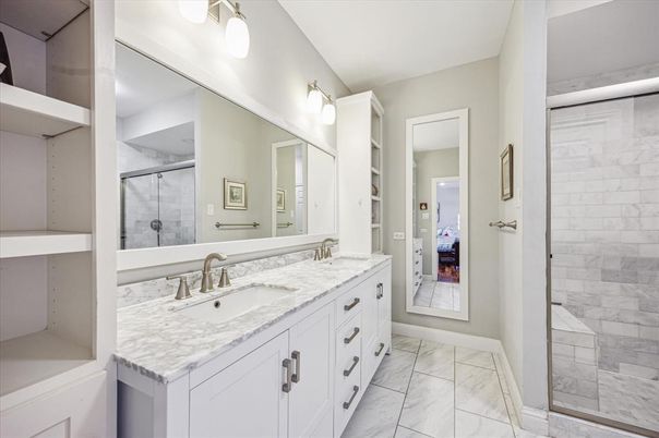 Bathroom, Dual Sink Vanities, Glass Shower, Interior, Marble