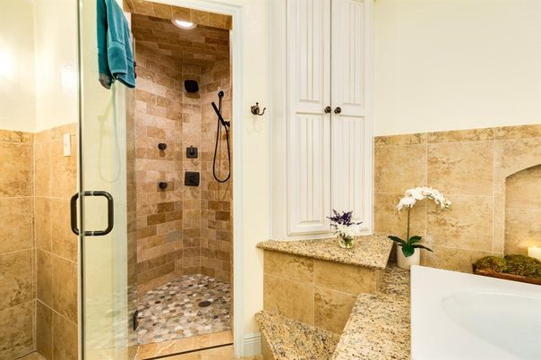 Bathroom, Glass Shower, Interior, Recessed Lighting, Stone Walls