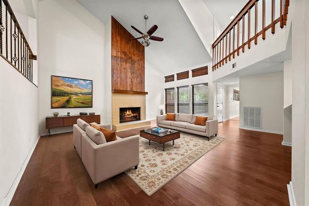 Fireplace, Interior, Living room, Recessed Lighting, Wood Texture Flooring