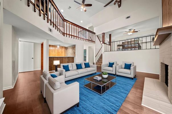 Fireplace, Interior, Living room, Recessed Lighting, Wood Texture Flooring