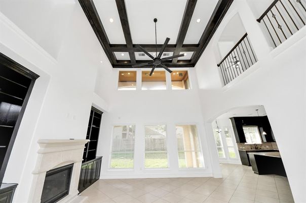 Fireplace, Interior, Pendant Lights, Recessed Lighting, Wooden Beams
