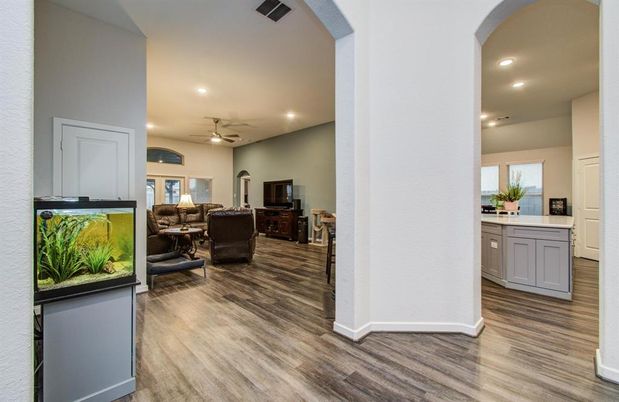 Dining room, Interior, Living room, Recessed Lighting, Wood Texture Flooring